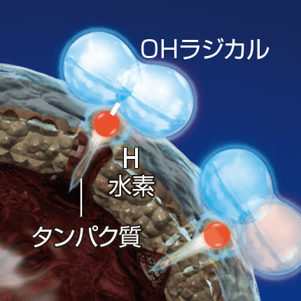 OHラジカルに変化してカビ菌の表面から水素原子を奪い取るイメージ