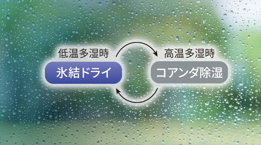 低温多湿時は氷結ドライ、高温多湿時はコアンダ除湿に切り替えるイメージ