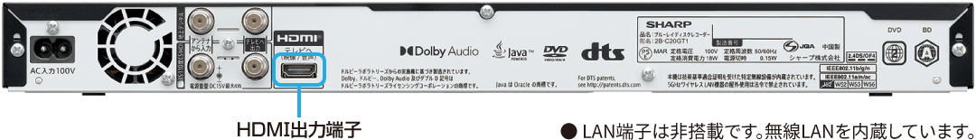 HDMI出力端子搭載。LAN端子は非搭載です。無線LANを内臓しています。