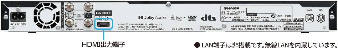 HDMI出力端子搭載。LAN端子は非搭載です。無線LANを内臓しています。