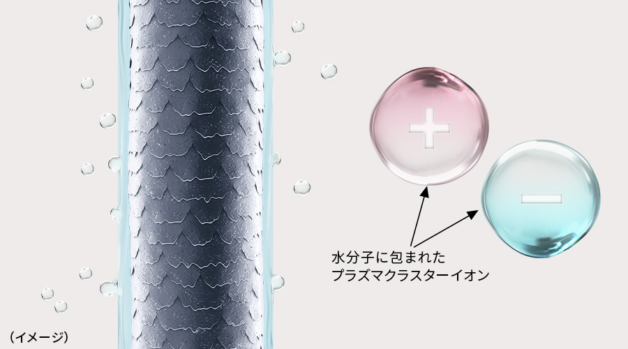 水分子に包まれたプラズマクラスターイオンが、髪にうるいおいを補給するイメージ