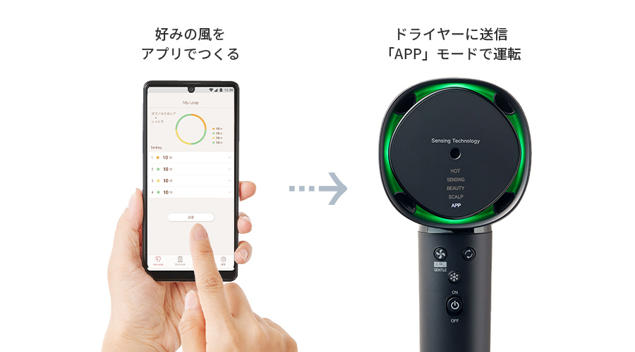好みの風をアプリでつくり、ドライヤー送信。APPモードで運転できます。