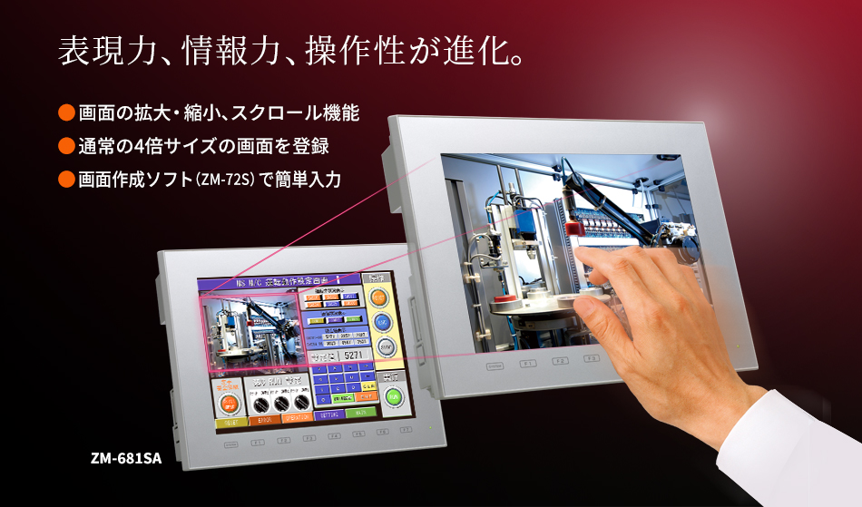 表現力、情報力、操作性が進化。●画面の拡大・縮小、スクロール機能●通常の4倍サイズの画面を登録●画面作成ソフト（ZM-72S）で簡単入力