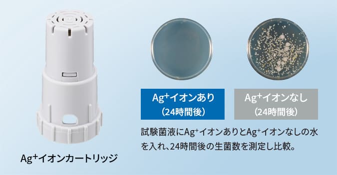 試験菌液にAg+イオンありとAg+イオンなしの水を入れ、24時間後の生菌数を測定し比較した写真