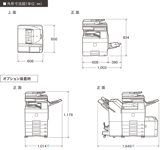 MX-4150FNオプション・外観一覧 外形寸法図(単位:mm)