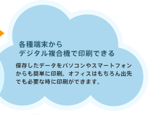 【各種端末からデジタル複合機で印刷できる】保存したデータをパソコンからシマートフォンから簡単に印刷
。オフィスはもちろん出先でも必要なときに印刷ができます。