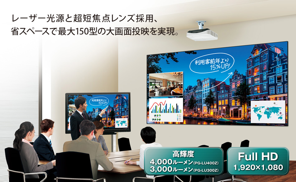 レーザー光源と超短焦点レンズ採用、省スペースで最大150型の大画面投映を実現。