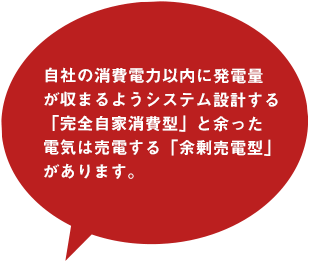 自社の消費電力以内に発電量が収まるようシステム設計する「完全自家消費型」と余った電気は売電する「余剰売電型」があります。