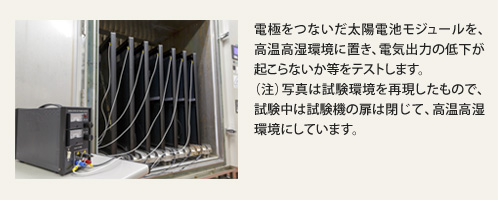 電極をつないだ太陽電池モジュールを、高温高湿環境に置き、電気出力の低下が起こらないか等をテストします。(注)写真は試験環境を再現したもので、試験中は試験機の扉は閉じて、高温高湿環境にしています。