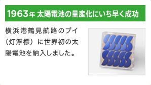 1963年 太陽電池の量産化にいち早く成功 / 横浜港鶴見航路のブイ（灯浮標）に世界初の太陽電池を納入しました。