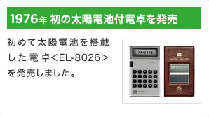1976年 初の太陽電池付電卓を発売 / 初めて太陽電池を搭載した電卓＜EL-8026＞を発売しました。