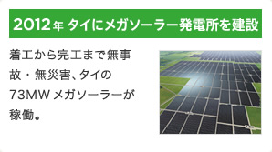 2012年 タイにメガソーラー発電所を建設 / 着工から完工まで無事故・無災害、タイの73MWメガソーラーが稼働。