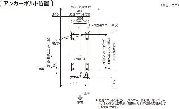 外形寸法図：貯湯タンクユニット　アンカーボルト位置