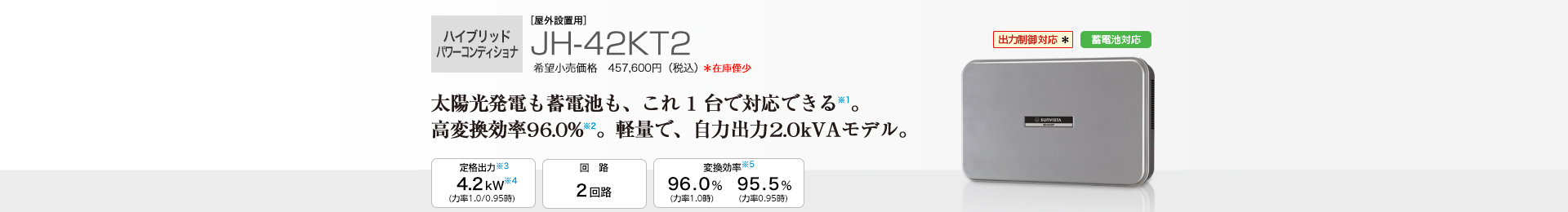 ハイブリッドパワーコンディショナ ［屋外設置用］JH-42KT2 希望小売価格 457,600円（税込）　太陽光発電も蓄電池も、これ1台で対応できる※1。軽量化で、自力出力2.0kvAモデル。