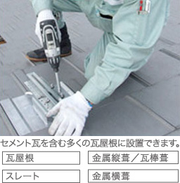 セメント瓦を含む多くの瓦屋根に設置できます。「瓦屋根／スレート／金属縦葺／瓦棒葺／金属横葺」