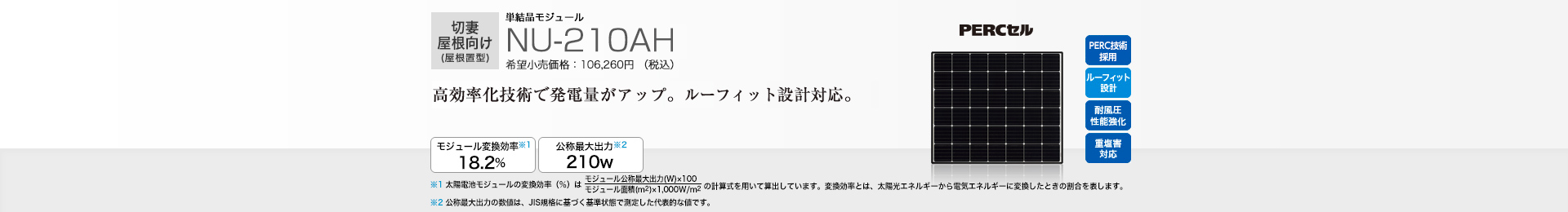 切妻屋根向け（屋根置型）単結晶モジュール NU-210AH 希望小売価格 132,000円(税抜 120,000円) 高効率化技術で発電量がアップ。ルーフィット設計。 モジュール変換効率※1 18.2％／公称最大出力※2 210W