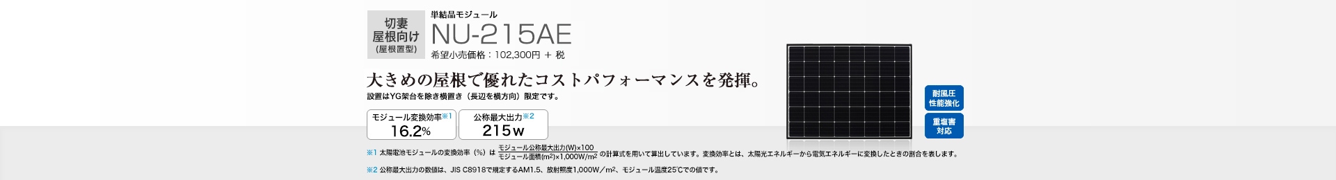 切妻屋根向け（屋根置型）単結晶モジュール NU-215AE 希望小売価格 112,530円(税抜 102,300円) 大きめの屋根で優れたコストパフォーマンスを発揮。 モジュール変換効率※1 16.2％／公称最大出力※2 215W
