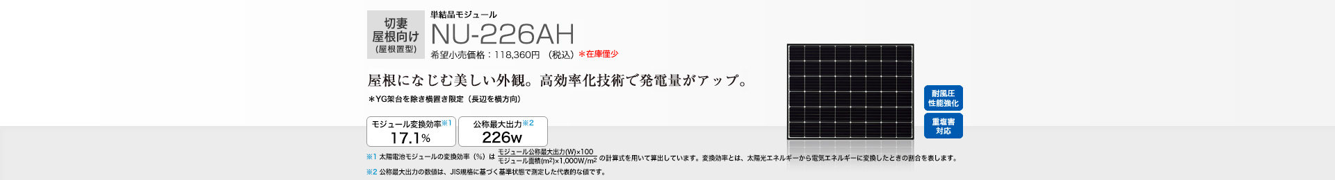 切妻屋根向け(屋根置型)単結晶モジュール NU-226AH 希望小売価格 118,360円(税込) 屋根になじむ美しい外観。高効率化技術で経つ電量アップ。 モジュール変換効率※1 17.1%/公称最大出力※2 226W