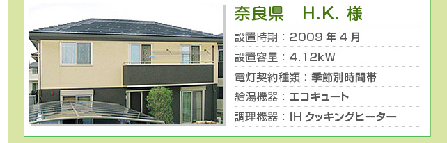 奈良県 H.K.様…設置時期：2009年4月　設置容量：4.12kW　電灯契約種類：季節別時間帯　給湯機器：エコキュート　調理機器：IHクッキングヒーター