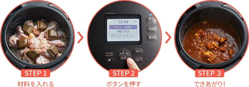 材料を入れ、ボタンを押して、できあがり！