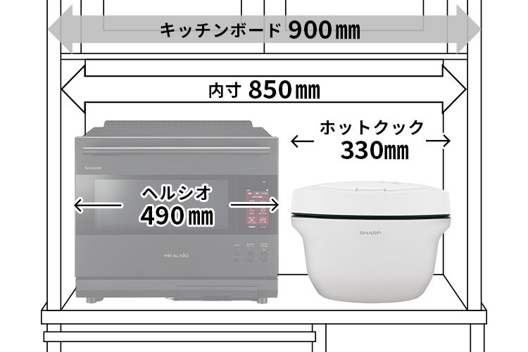 キッチンボード設置イメージ、幅900mmのキッチンボードにはヘルシオとホットクックを横に並べて設置できます