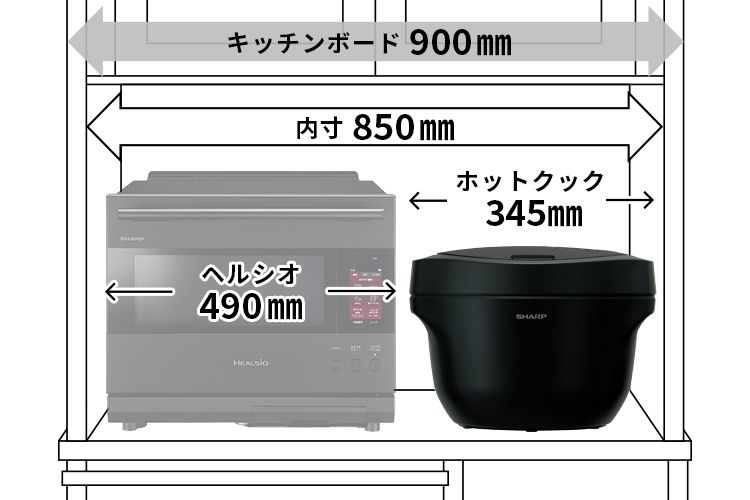 キッチンボード設置イメージ、幅900mmのキッチンボードにはヘルシオとホットクックを横に並べて設置できます