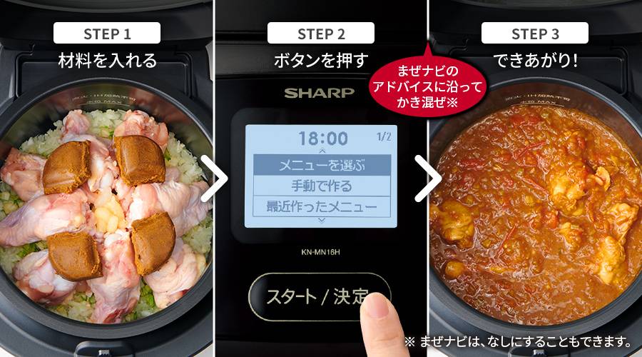 ステップ1：材料を入れる、ステップ2：ボタンを押す、ステップ3：できあがり