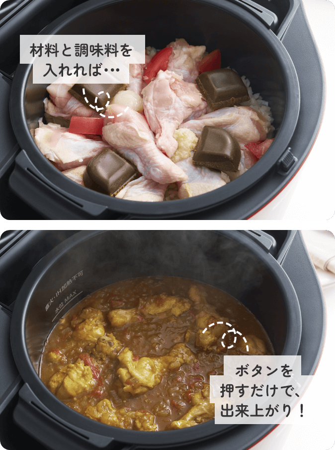 材料と調味料を入れれば…ボタンを押すだけで出来上がり！