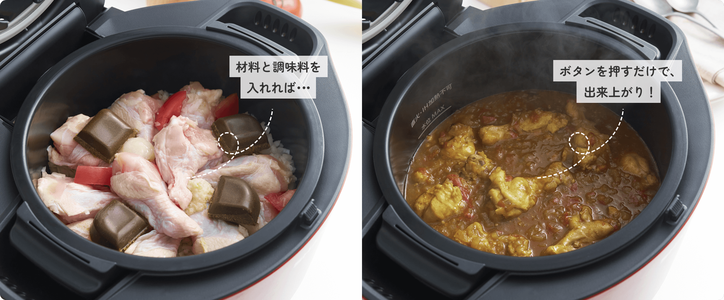 材料と調味料を入れれば…ボタンを押すだけで出来上がり！
