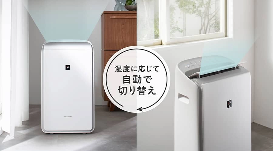 部屋の温湿度に応じて、除湿と送風を切り替えるイメージ画像。