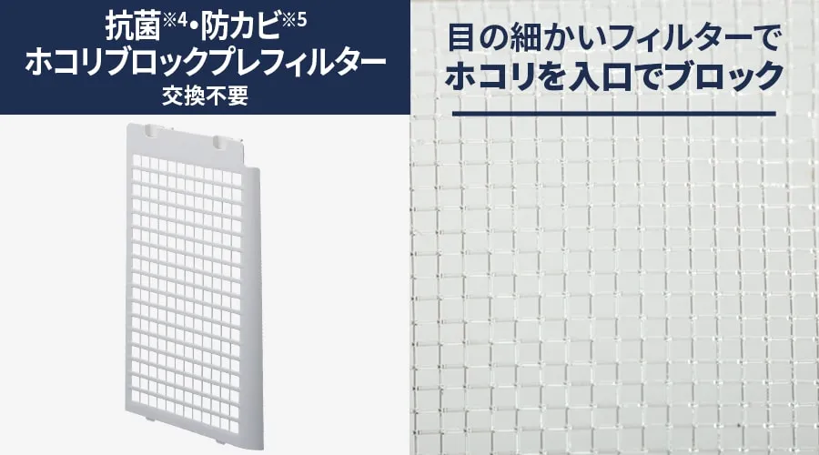抗菌・防カビホコリブロックプレフィルターは交換不要です。目の細かいフィルターでホコリを入り口でブロック