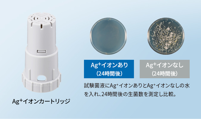 銀イオンあり、なしで24時間後の生菌数を比較した写真。銀イオンがない場合、菌が繁殖します。