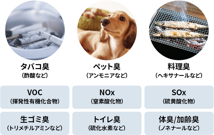 タバコ臭、ペット臭、料理臭などを脱臭します。揮発性有機化合物、窒素酸化物、硫黄酸化物の有害ガスを低減します