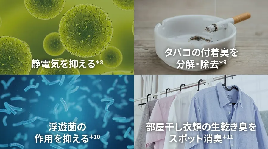 静電気を抑える、タバコの付着臭を分解・除去、浮遊菌の作用を抑える、部屋干し衣類の生乾き臭をスポット消臭