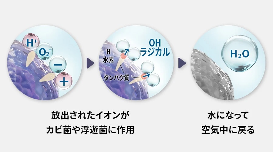 放出されたイオンがカビ菌や浮遊菌に作用し、水になって空気中に戻るまでの、プラズマクラスターのメカニズムを示す画像。