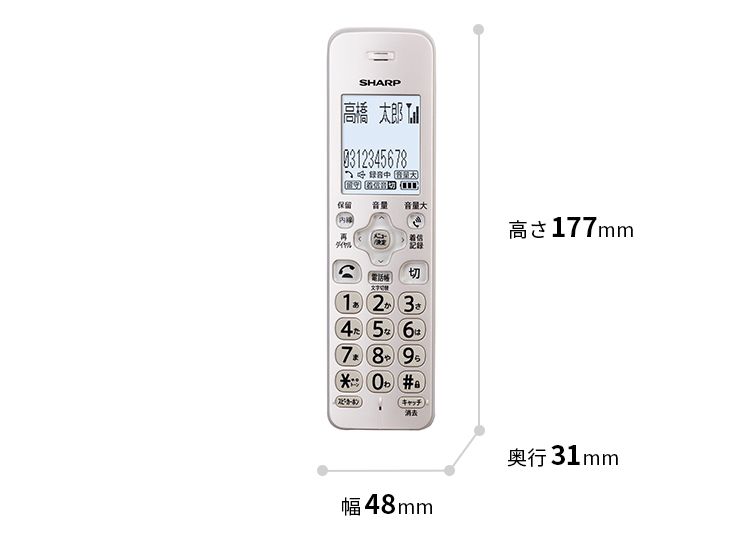 受話子機の外形寸法。高さ177㎜、幅48㎜、奥行31㎜。