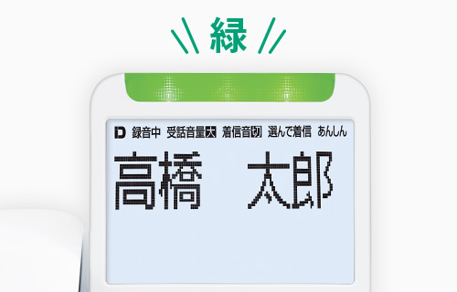 液晶画面に番号登録者の名前が表示され、通話ボタンが緑色に光るイメージ