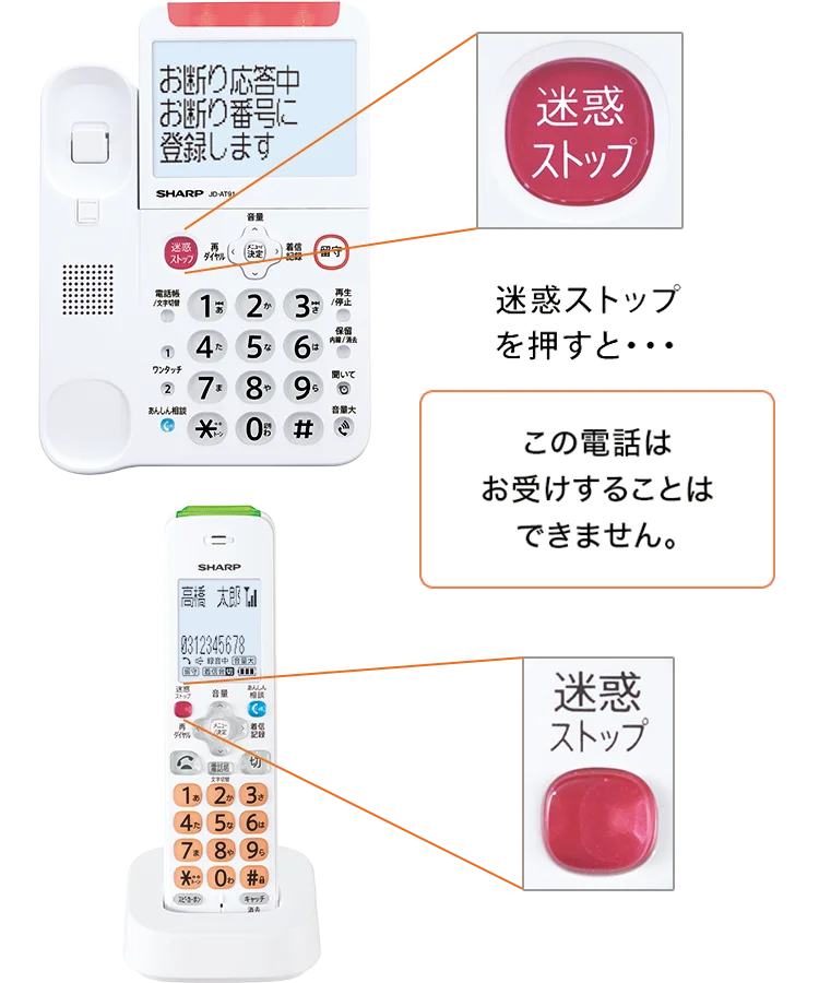 迷惑ストップを押すと、電話を鳴らさず自動でお断り