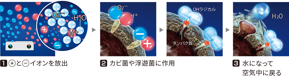 1.＋イオンとーイオンを放出　2.カビ菌や浮遊菌に作用　3.水になって空気中に戻る
