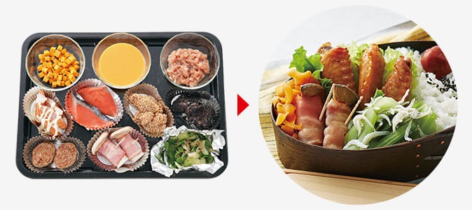 冷凍食品(焼き物)と手作りのおかずの同時調理例