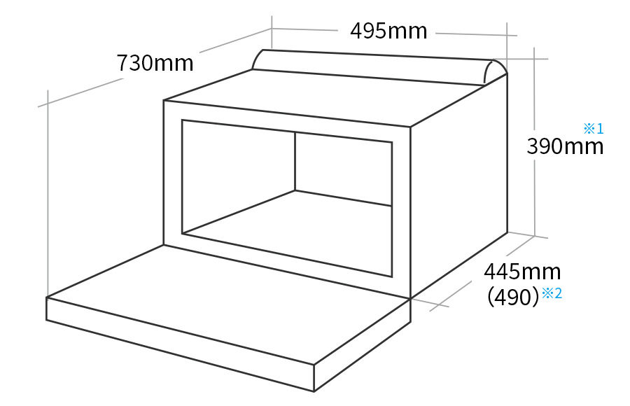 外形寸法図:幅495mm × 奥行445(ハンドル部分を含め490)mm × 高さ390mm(蒸気ダクト含む)、ドアを開いた状態の奥行730mm