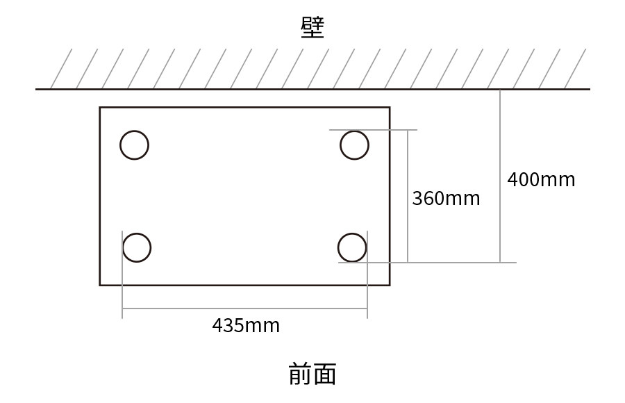 脚間寸法図、壁面から本体前面の脚まで400mm、横の脚間435mm、縦の脚間360mm