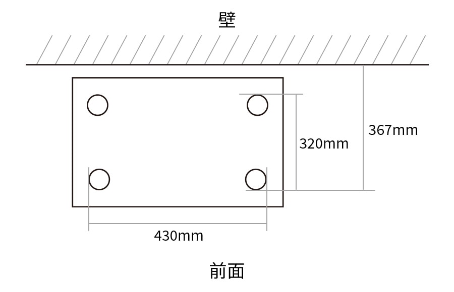 脚間寸法図、前面脚間430mm、側面脚間320mm、壁面から前面脚まで367mm