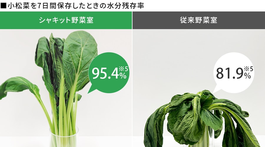 小松菜を7日間保存したときの水分残存率の比較。従来野菜室は81.9%に対し、シャキット野菜室は95.4%。