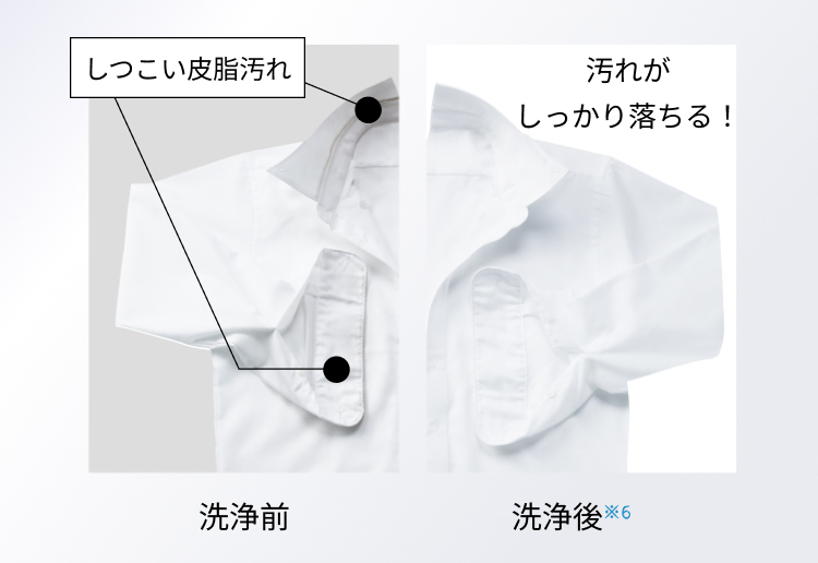 ワイシャツの、洗浄前と洗浄後の比較。洗浄後はエリや袖口の皮脂汚れがしっかり落ちています。