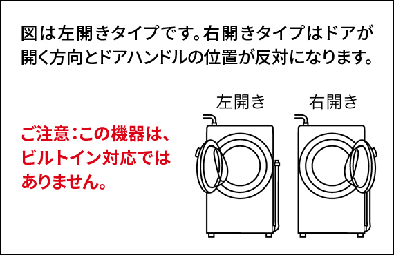 ES-12P1の詳細な外形寸法図はドアが左開きタイプで、右開きタイプはドアが開く方向とドアハンドルの位置が反対になります、この機器はビルトイン対応ではありません。