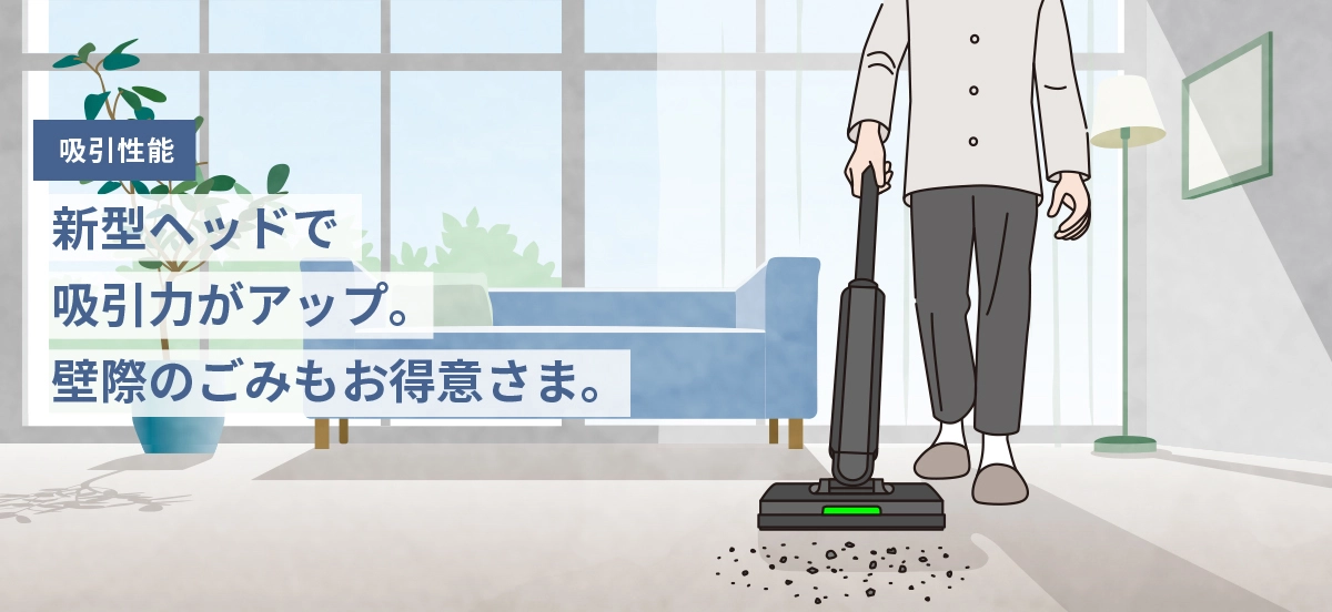 吸引性能　新型ヘッドで吸引力がアップ。壁際のごみもお得意さま。