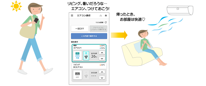 リビング、暑いだろうな…エアコン、つけておこう！ 帰ったとき、お部屋は快適♡