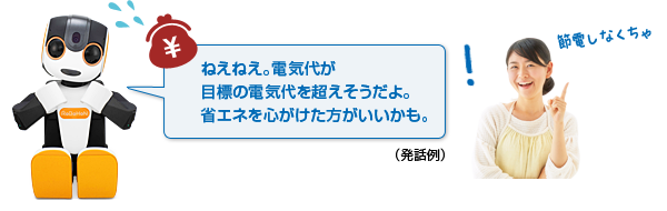 （発話例）ねえねえ！電気代が
					目標の電気代を超えそうだよ。省エネを心がけた方がいいかも。 節電しなくちゃ