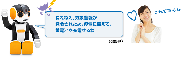 （発話例）ねえねえ！気象警報が発令されたよ。停電に備えて、蓄電池を充電するね。 これで安心ね
